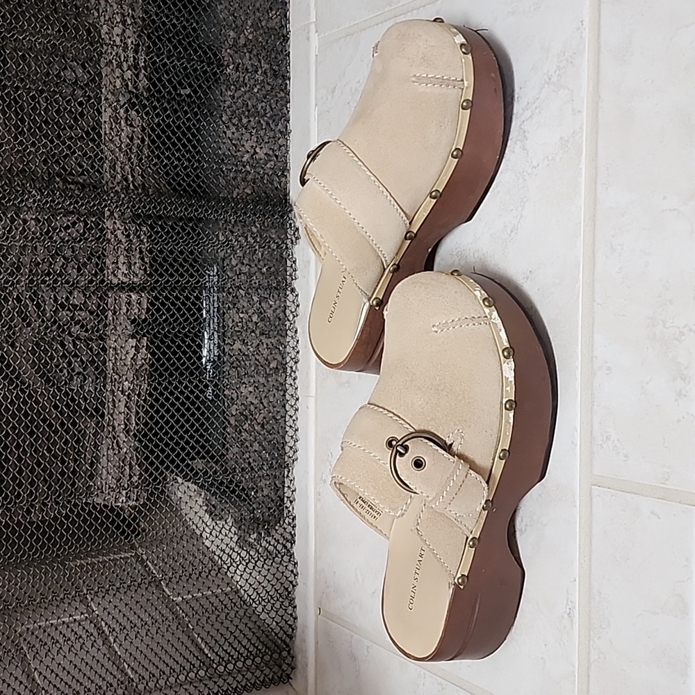 Colin Stuart Light Tan Nubuck Platform Mules - image 1